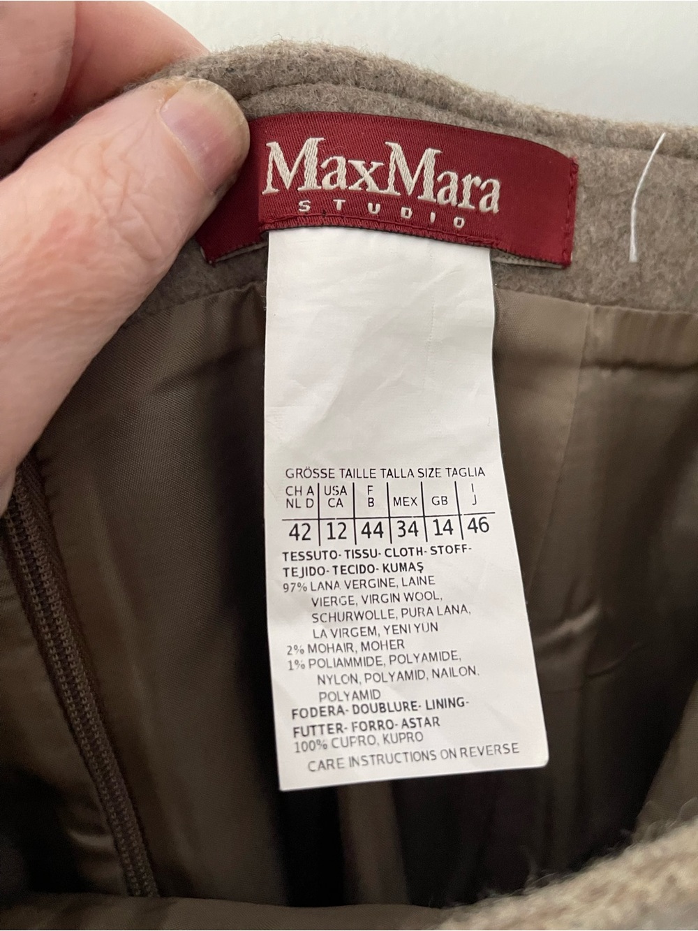 MAX MARA VIRGIN WOOL & MOHAIR KNNE LENGTH SKIRT IN TAUPE & BROWN NEUTRALS SZ 12 - Picture 3 of 7